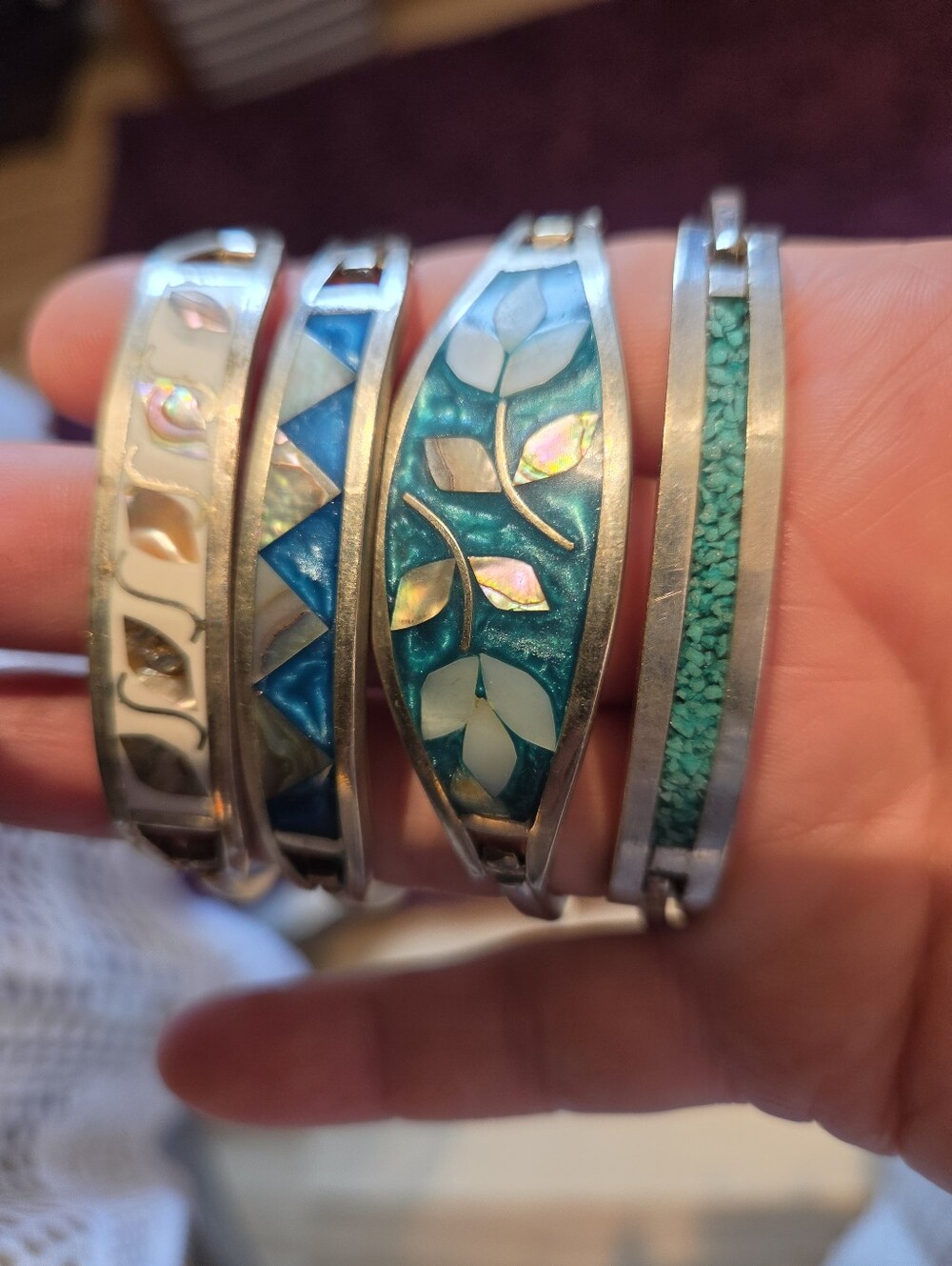 Sterling Silver Filled  Blue and Teal Inlay Bangle Bracelet - Picture 12 of 16